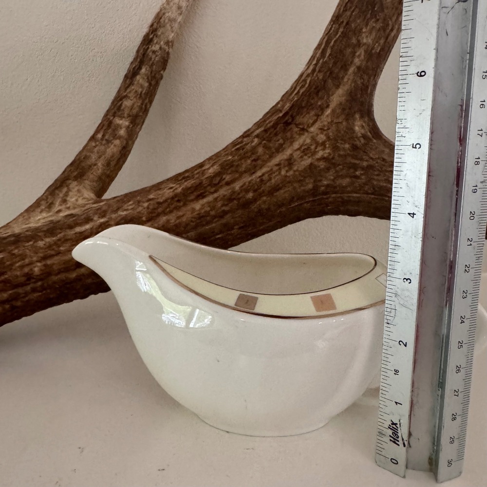 Home Exclusives Bone China Gravy Boat Neutral Geometric Block Pattern Cream Tan - Picture 4 of 4